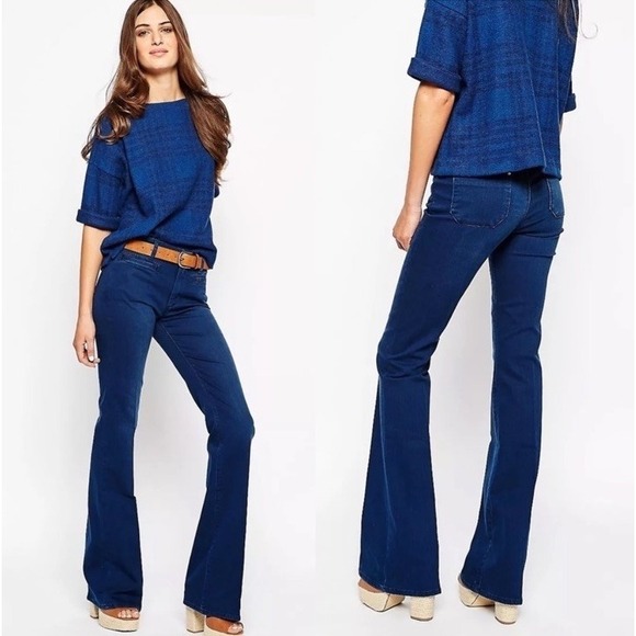 ANTHROPOLOGIE MiH Marrakesh Mid Rise Dark Blue Wash Kick Flare Jeans 28  Boho - Picture 8 of 13